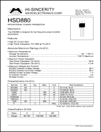 HSD880 datasheet: Emitter to base voltage:7V 3A NPN epitaxial planar transistor for low frequency power amplifier applications HSD880
