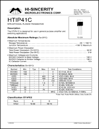 HTIP41C datasheet: 100V 6A NPN epiataxial planar transistor for use in general purpose amplifier and switching applications HTIP41C