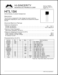 HTL194 datasheet: 400V 300mA PNP epiataxial planar transistor for high voltage low power switching applications HTL194