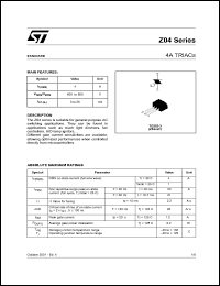 Z0402MF1AA2 datasheet: Triacs, 4A, 600V, sensitivity 3mA Z0402MF1AA2