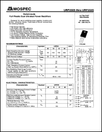 URF2020D datasheet: Full plastic dual ultrafast power rectifier, 200 V, 20 Amperes URF2020D