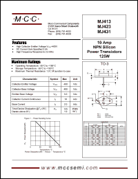 MJ413 datasheet: Ic=10A, Vce=5.0V transistor MJ413