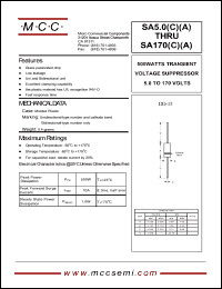 SA100C datasheet: Ppk=500W, Vc=179.0V transient voltage suppressor SA100C