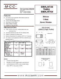 SMAJ4728A datasheet: Pd=1.0W, Vz=3.3V zener diode SMAJ4728A