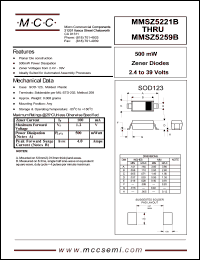 MMSZ5222B datasheet: Pd=500mW, Vz=2.5V zener diode MMSZ5222B