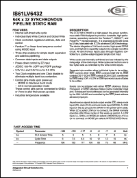 IS61LV6432-166PQ datasheet: 166MHz; 3.3V; 64K x 32 synchronous pipelined static RAM IS61LV6432-166PQ