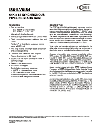 IS61LV6464-7PQ datasheet: 75ns; 7ns; 3.3V; 64K x 64 synchoronous pipelined static RAM IS61LV6464-7PQ