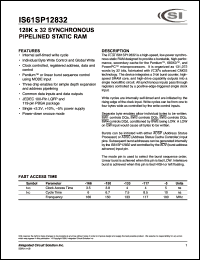 IS61SP12832-5TQ datasheet: 5ns; 3.3V; 128K x 32 synchoronous pipelined static RAM IS61SP12832-5TQ