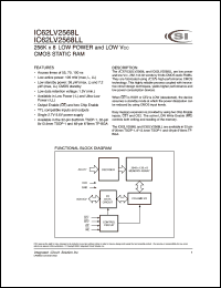 IC62LV2568L-55T datasheet: 55ns; 2.7-3.6V; 256K x 8 low power and Vcc CMOS static RAM IC62LV2568L-55T