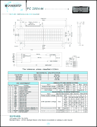 PC2004-M datasheet: 4 lines; 20 characters; dot size:0.92 x 1.10; dot pitch:0.98 x 1.16; LCD monitor PC2004-M