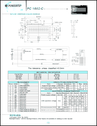 PC1602-C datasheet: 2 lines; 16 characters; dot size:0.56 x 0.66; dot pitch:0.60 x 0.70;  LCD monitor PC1602-C
