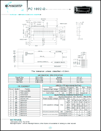 PC1602-Q datasheet: 2 lines; 16 characters; dot size:0.56 x 0.66; dot pitch:0.66 x 0.70;  LCD monitor PC1602-Q