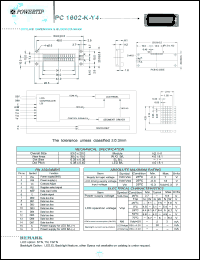 PC1602-K-Y4 datasheet: 2 lines; 16 characters; dot size:0.33 x 0.35; dot pitch:0.36 x 0.40;  LCD monitor PC1602-K-Y4