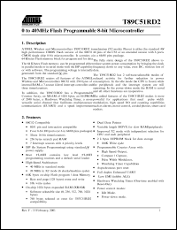 T89C51RD2-SLRI-M datasheet: 0 to 40 MHz flash programmable 8-bit microcontroller, 80C52 compatible, 8051 pin and instruction compatible, 256 bytes RAM, EEPROM 2Kbytes, flash 64Kbytes T89C51RD2-SLRI-M