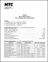 NTE10 datasheet: Silicon NPN transistor. UNF low noise wide-band amplifier. Collector-base voltage 20V. Collector-emitter voltage 12V. Emitter-base voltage 3V. Collector current 70mA. NTE10