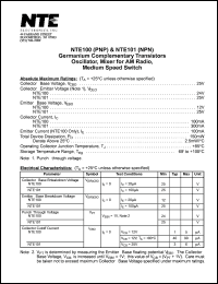 NTE100 datasheet: Germanium complementary transistor PNP oscillator, mixer for AM radio, medium speed switch. Collector-base voltage 25 V. Collector-emitter voltage 24V. Emitter-base voltage 12V. Collector current 100mA. NTE100