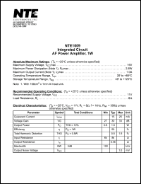 NTE1009 datasheet: Integrated circuit AF power amplifier, 1W. NTE1009