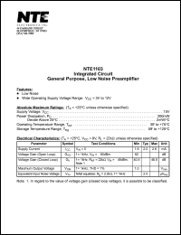 NTE1103 datasheet: Integrated circuit. General purpose, low noise preamplifier. NTE1103