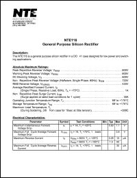 NTE116 datasheet: General purpose silicon rectifier. NTE116