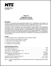 NTE1171 datasheet: Integrated circuit. Operational amplifier. NTE1171