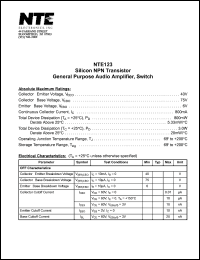 NTE123 datasheet: Silicon NPN transistor. General purpose audio amplifier, switch. NTE123