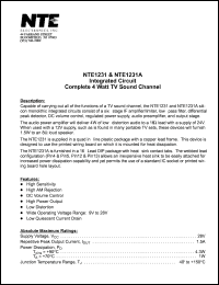 NTE1231A datasheet: Integrated circuit. Complete 4 watt TV sound channel. NTE1231A