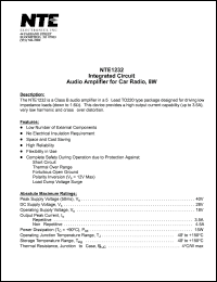 NTE1232 datasheet: Integrated circuit. Audio amplifier for car radio, 8W. NTE1232