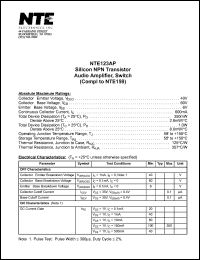 NTE123AP datasheet: Silicon NPN transistor. Audio amplifier, switch (compl to NTE159) NTE123AP