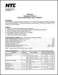 NTE1293 datasheet: Integrated circuit. Dual, audio power amplifier, 5.8W/Ch. NTE1293