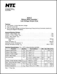 NTE13 datasheet: Silicon NPN transistor. Low voltage output amplifier. NTE13