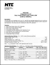 NTE1367 datasheet: Integrated circuit. Dual, audio power amplifier, 2.3W to 5W (4.6W to 15W BTL) NTE1367