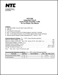 NTE1388 datasheet: Integrated circuit. Audio power amplifier, 5.8W, for car radio, car stereo. NTE1388