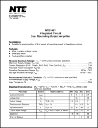 NTE1481 datasheet: Integrated circuit. Dual recording output amplifier. NTE1481