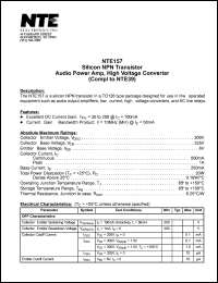 NTE157 datasheet: Silicon NPN transistor. Audio power amplifier, high voltage converter (compl to NTE39). NTE157