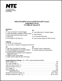 NTE1572 datasheet: FET tuner. Integrated circuit. TV video IF, sound IF. NTE1572