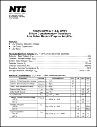 NTE16 datasheet: Silicon complementary NPN transistor. Low noise, general purpose amplifier. NTE16