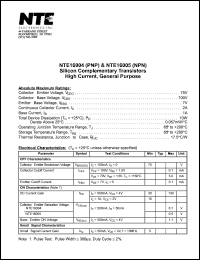 NTE16004 datasheet: Silicon comlementary PNP transistor. High current, general purpose. NTE16004