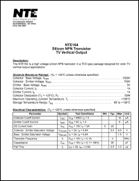 NTE164 datasheet: Silicon NPN transistor. TV vertical output. NTE164