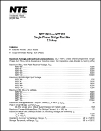 NTE168 datasheet: Single phase bridge rectifier, 2.0 Amp. Max recurrent peak reverse voltage 400 V. Max average forward output current 2 A. NTE168