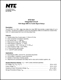 NTE1641 datasheet: Integrated circuit. 1024 stage BBD for audio signal delays. NTE1641