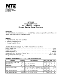 NTE1682 datasheet: Integrated circuit. Preamplifier circuit for remote control signal receivers. NTE1682