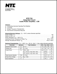 NTE1704 datasheet: Integrated circuit. Audio power amplifier, 1.2W. NTE1704