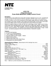 NTE1722 datasheet: Integrated circuit. Pulse width modulator (PWM) control circuit. NTE1722