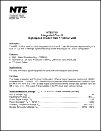 NTE1745 datasheet: Integrated circuit. High speed divider 1/20, 1/100 for VCR. NTE1745