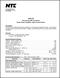 NTE179 datasheet: Germanium PNP transistor. Audio power amplifier, high currnt switch. NTE179