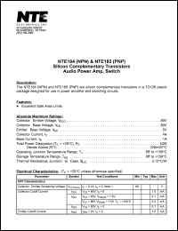 NTE184 datasheet: Silicon complementary NPN transistor. Audio power amp, switch. NTE184