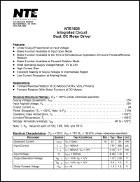 NTE1825 datasheet: Integrated circuit. Dual, DC motor driver. NTE1825