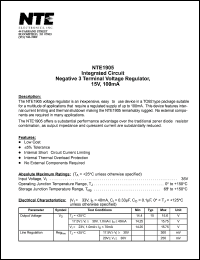 NTE1905 datasheet: Integrated circuit. 3 terminal negative voltage regulator, -15V, 100mA. NTE1905