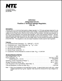 NTE1912 datasheet: Integrated circuit. Positive 3 terminal voltage regulator, 12V, 3A. NTE1912