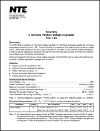 NTE1916 datasheet: Integrated circuit. Positive 3 terminal voltage regulator, 15V, 1.5A. NTE1916